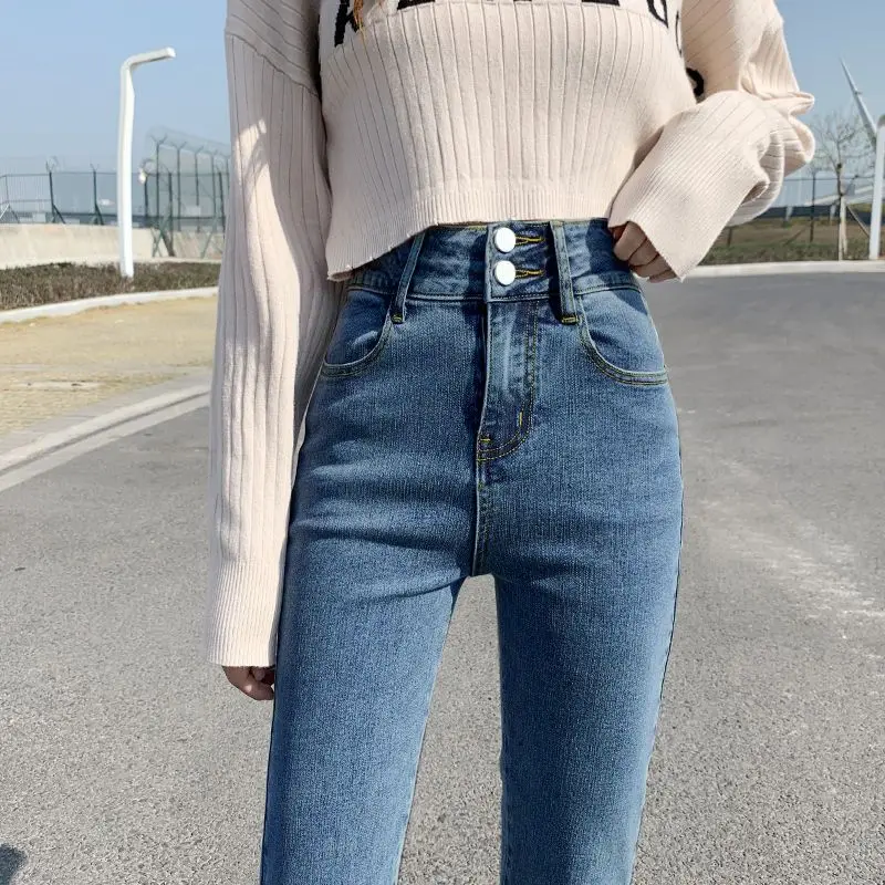 

Fashion Skinny Jeans Women Retro Washed High Waist Elastic Pencil Denim Double Buttons Streetwear Multiple Buckles Pants U867