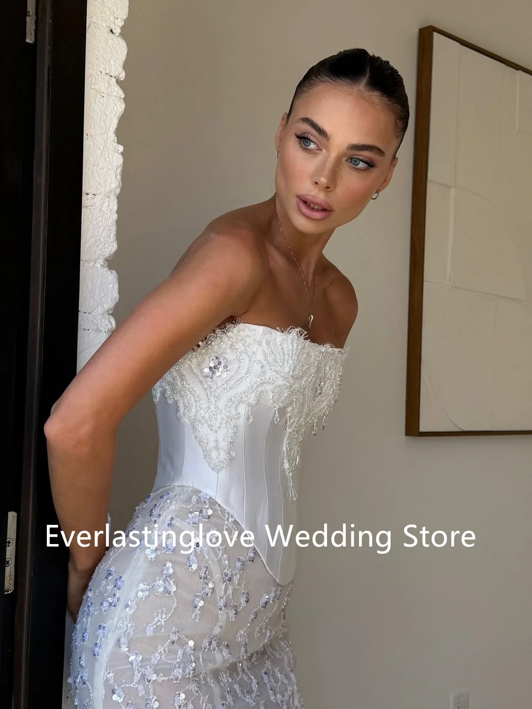 فستان زفاف مكون من قطعتين مزين بالدانتيل اللامع وأكمام طويلة قابلة للفصل مصنوع حسب الطلب 2026 Rode De Morrie