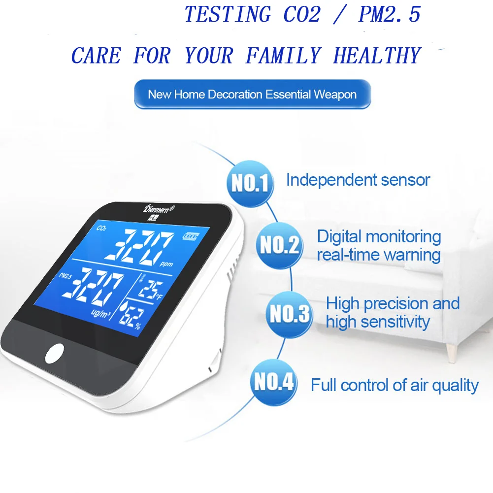 Nauwkeurige Nieuwe CO2/PM.5 Kwaliteit Detector DM306D Draagbare LCD Display Temperatuur En Vochtigheid Sensor Tester Home Monitoring Systeem