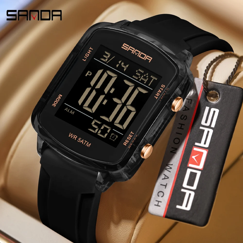 SANDA Fashion Electron Analog Watch for Men Women Waterproof Square Dial Count Down Timer Digital Wristwatch Man World Time