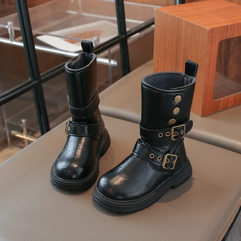 Girls Fleece Lined High Top Boots Autumn Winter 2026 Children Long Boots Princess Style Wear Resistant Girls Buckle Strap Shoes