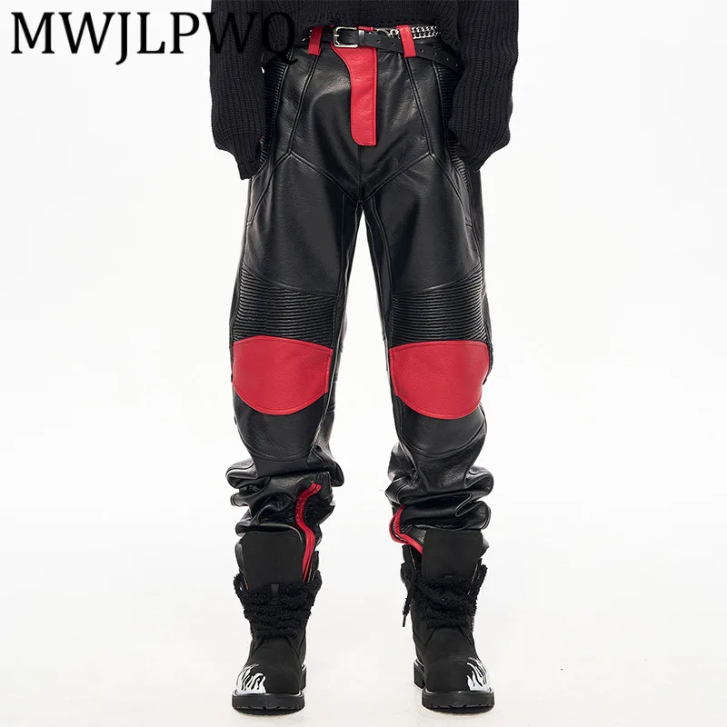 

MWJLPWQ гоночные мужские зимние зауженные брюки из искусственной кожи с вышивкой для мальчиков, уличные мужские модные брюки Niched 12753