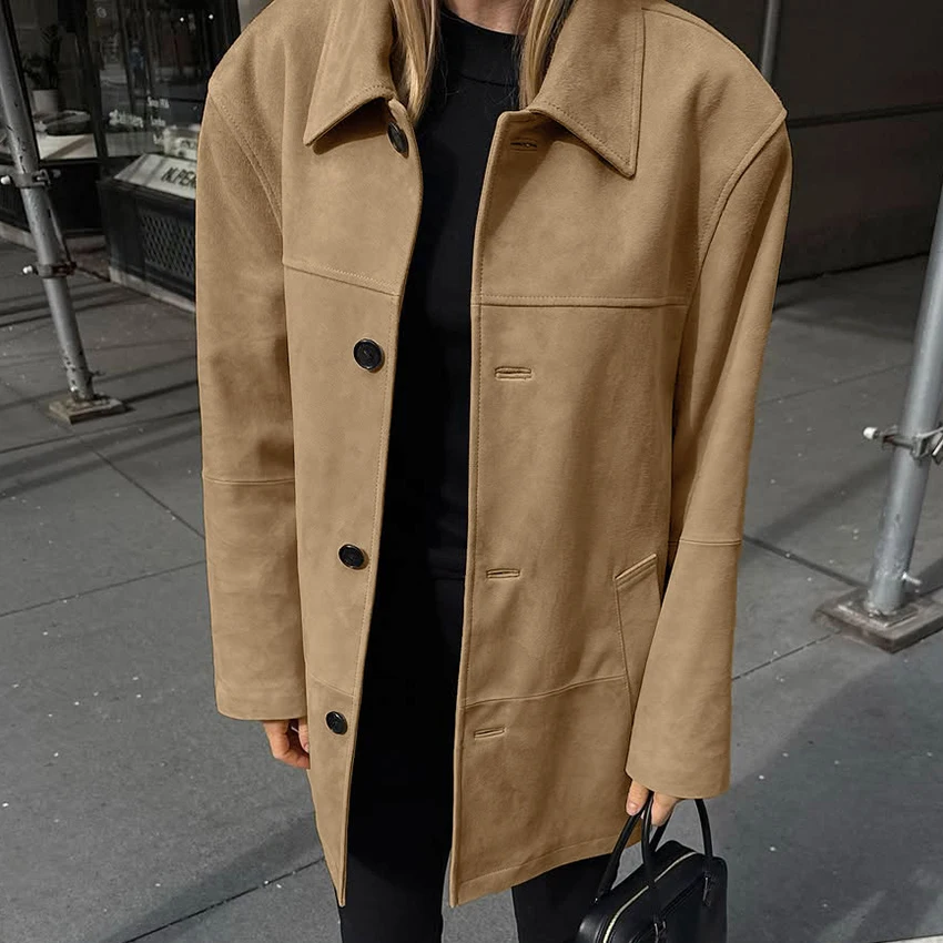 

Linad Street Chic Brown Single-Breasted Coat Women Elegant With Pocket Loose Jacket Casual Long Sleeve Top Outerwear 2025 Autumn