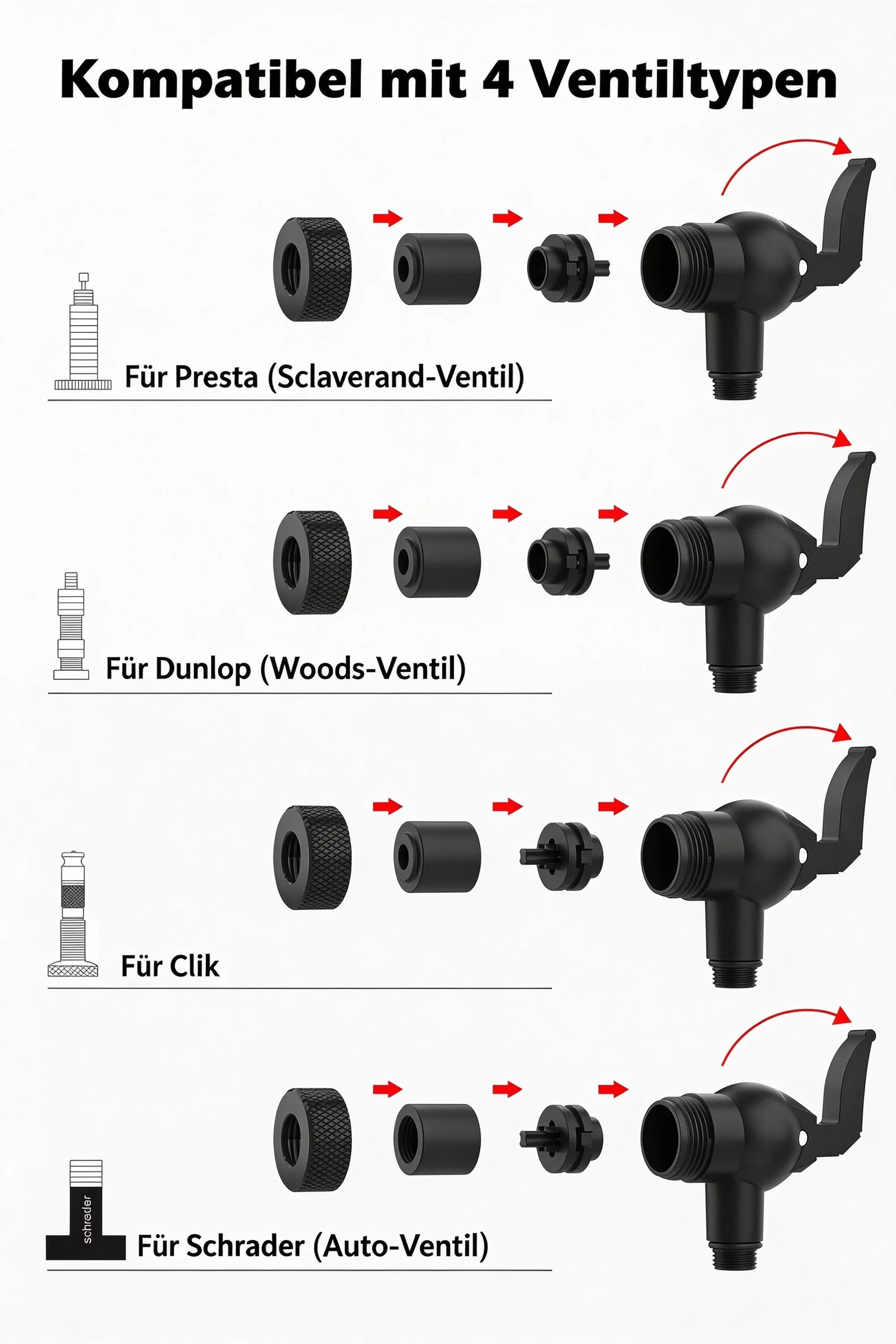 Fahrrad-Luftventiladapter, Schnellkupplung für Luftpumpen, Passend für Presta/Schrader/Clik/Dunlop – Detail 6