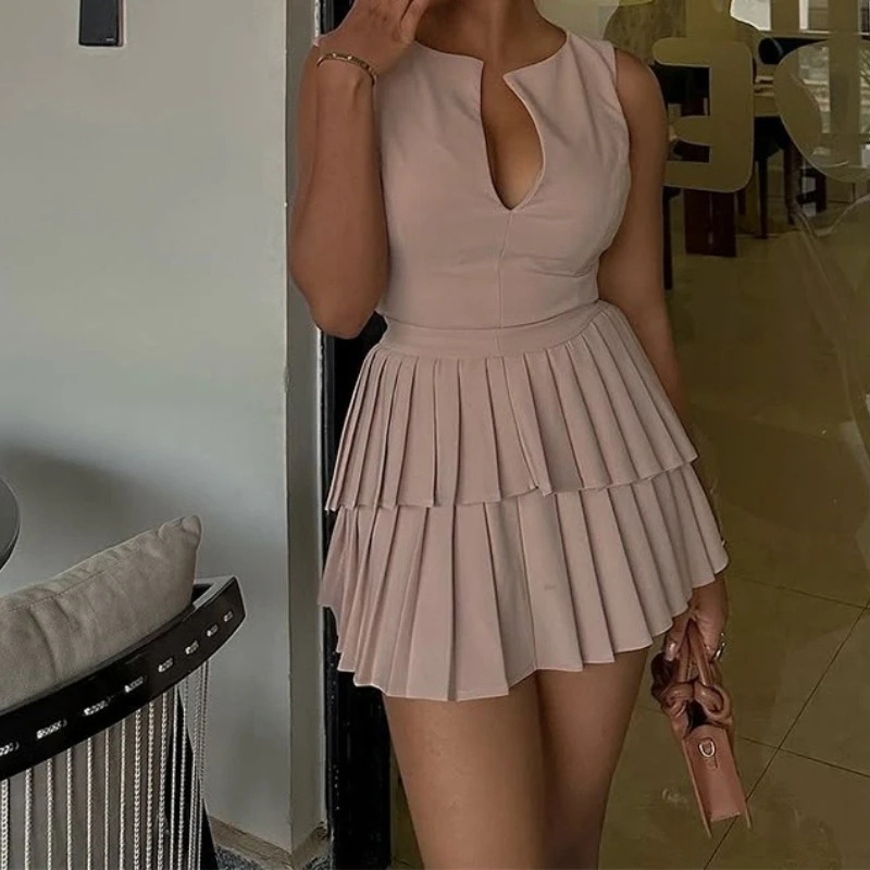 

Women's Dresses Summer New Fresh Sweet Fashion V-Neck High Waist Slimming Pleated A-Line Dress Casual Elegant Short Skirt 2025