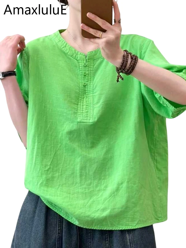 

Amax LuluE 2026 Korean Solid Summer Blouses Womens Vintage Loose Casual Classic Shirts Ladies Fashion Elegant Luxury Cotton Tops
