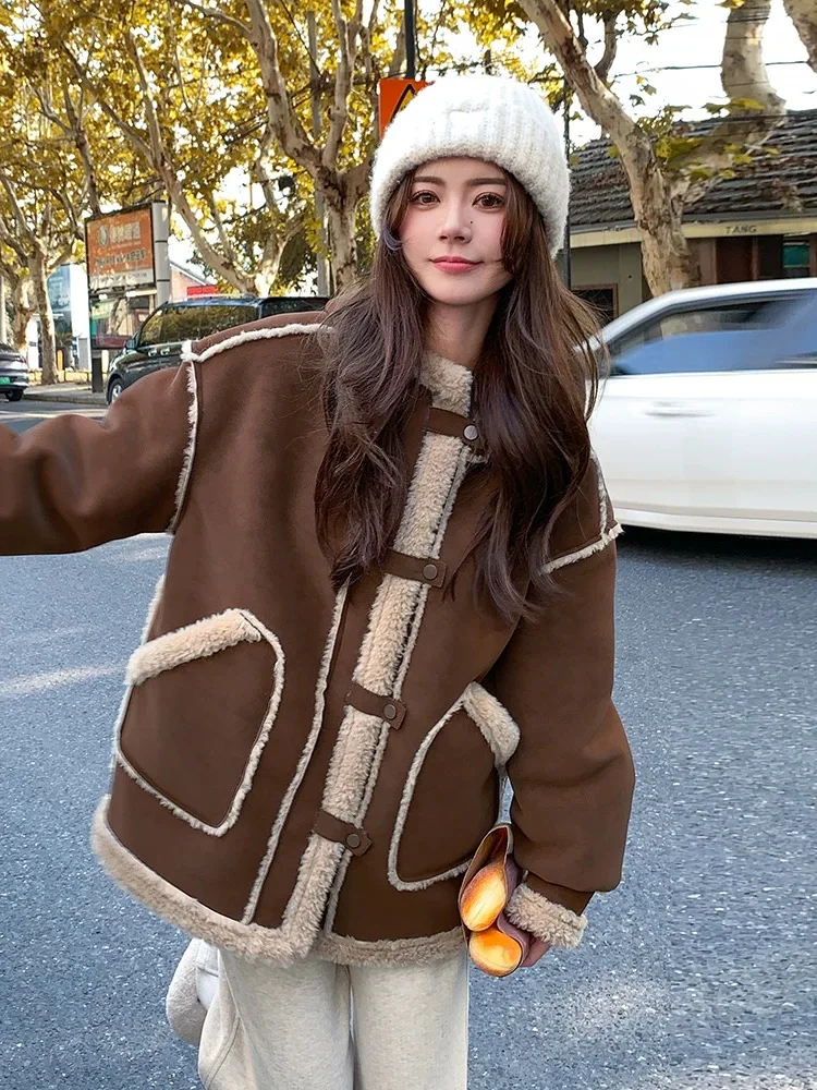 

Куртка из овечьей шерсти в корейском стиле, женская куртка с капюшоном, длинные теплые зимние рукава-манжеты, регулируемый стеганый бомбер, винтажный карман-карго