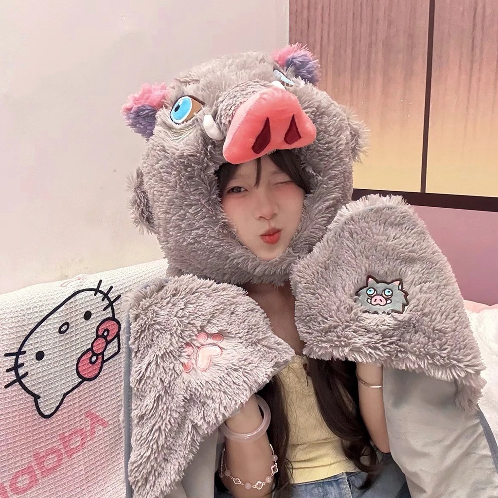 Dämon Slayer Hashibira Inosuke Cosplay Wild BoarHooded Decke Weiche Herbst und Winter Mantel Mit Hut Werfen Decke Weihnachten Geschenke