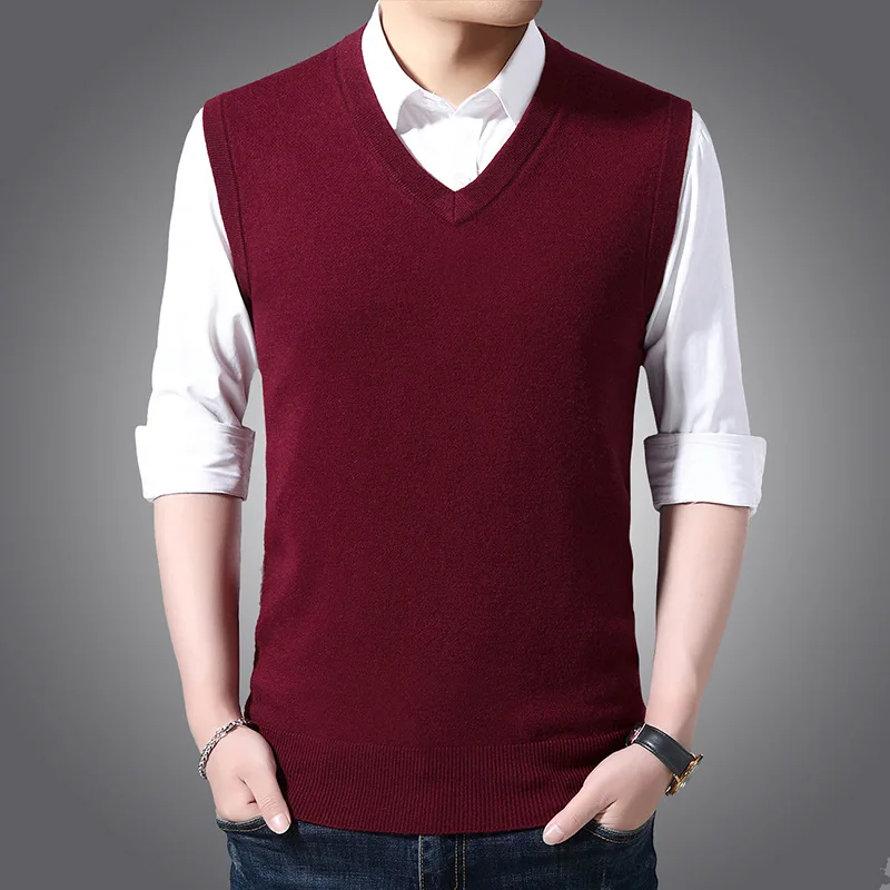 

Men's Solid Color Wool Vest Autumn and Winter Basic V-neck Knitted Vest Youth Casual Wool Vest