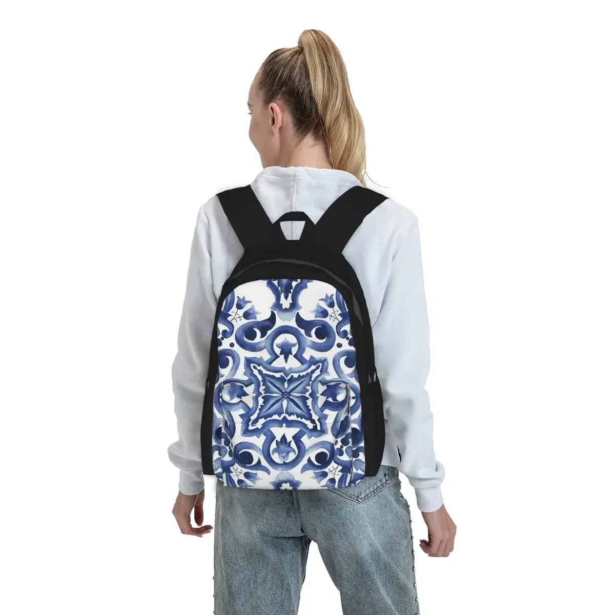 Blue Ornate Floral Mediterranean Sicilian Tile Backpack Student BookBag Children School Bag Computer Shoulder Bags for Men Women
