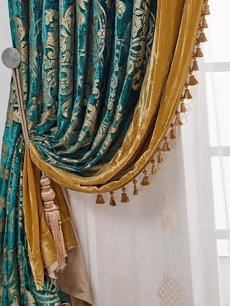Customized American Blue-green Cut Velvet Embroidery Splicing Velvet Curtains For Living Room Bedroom French Window Balcony