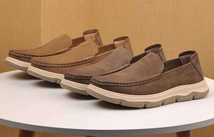 EAGSITY  Cow leather men shoes outdoor casual slip on loafer shoes slip on retro sneaker platform work shoes