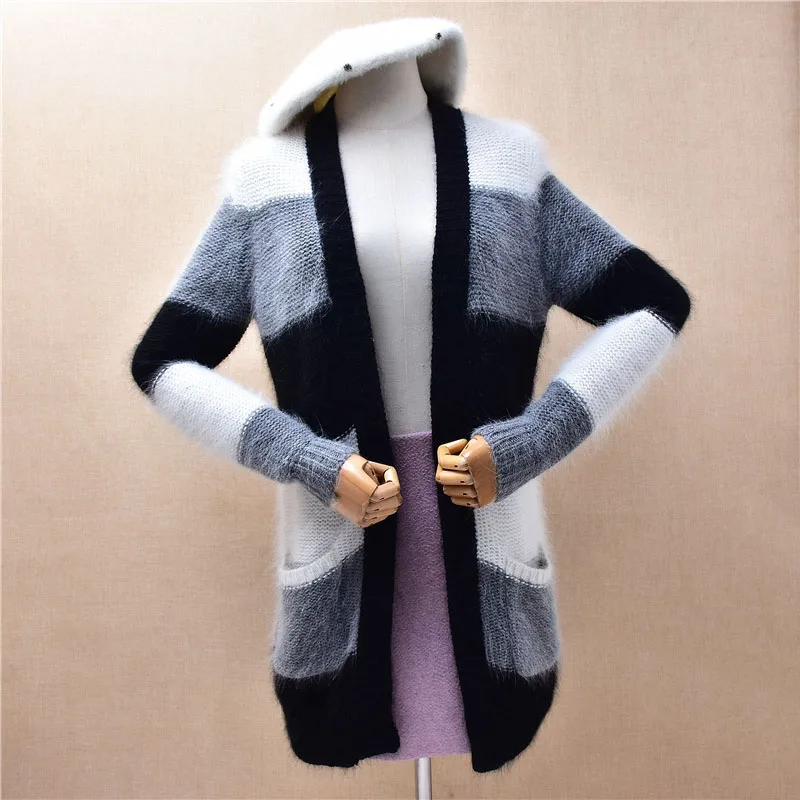 

Ladies Women Fall Winter Fashion Striped Hairy Angora Rabbit Hair Medium Long Slim Cardigans Mantle Sweater Jacket Coat Pull Top
