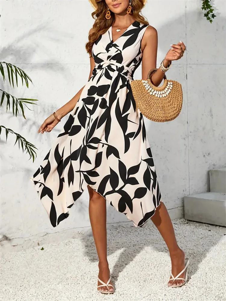 Women's Vintage Leaf Print V Neck Midi Dresses Sleeveless Tie Waist Asymmetrical Hem Casual Beach Party Dress