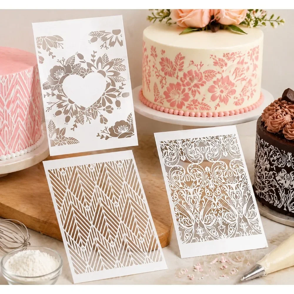 3Pcs Heart Floral & Vintage Scroll Stencils, Cake & Cookie Decorating Templates for Cream Frosting, Wedding & Birthday Party