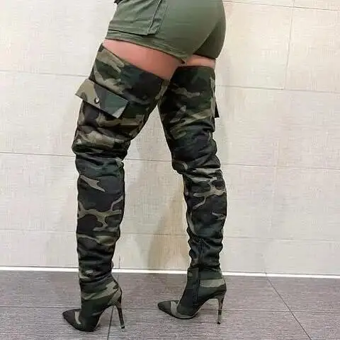 Camouflage Cloth Loose Pleated Slip On Over The Knee Boots Women Pocket Pointed Toe Thin HeelsRun Way Long Boots Shoes Size 44