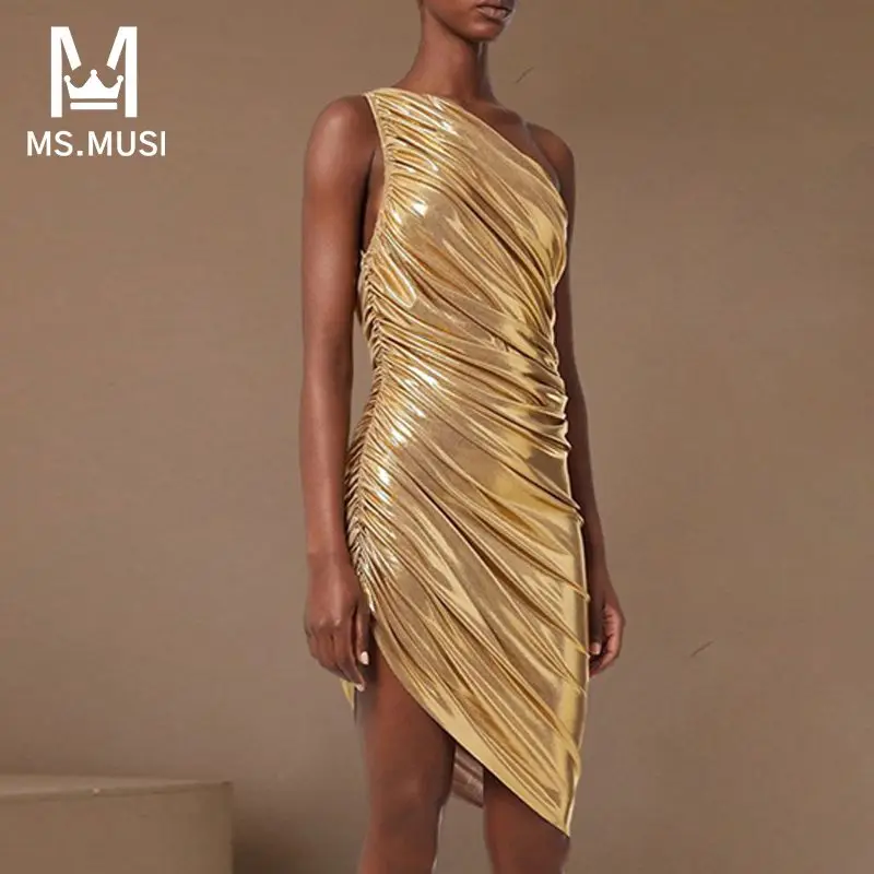 MSMUSI 2024 New Fashion Women Sexy Gold One Shoulder One Sleeve Draped Fold Sleeveless Bodycon Party Club Mini Dress Vestidos