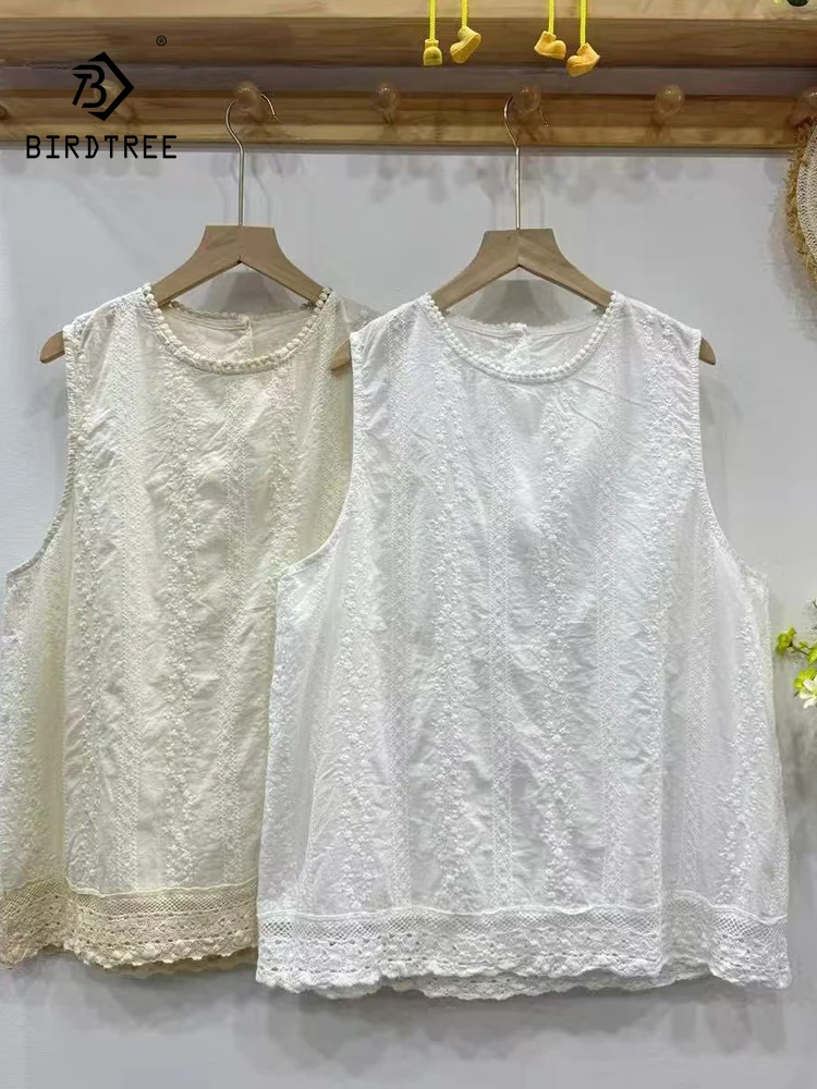 

New 2025 Summer Cotton Sleeveless Vest, Women O Neck Embroidery Lace, Mori Girl Retro Chic Versatile Loose Camisole T56825CC