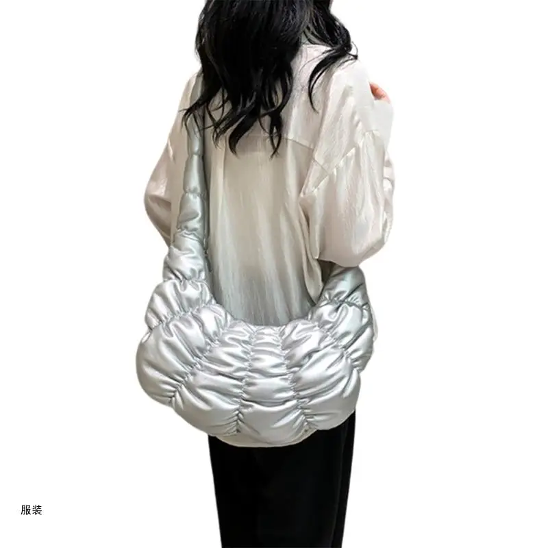 D0UD Women Pleated Puffer Shoulder Bag Padded Quilted Solid Color Crossbody Bag Purse