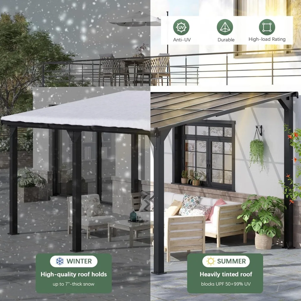 Gazebo de 10x14 pés, parte superior dura magro para gazebo, toldos fixados na parede para pátio, deck, gramado e quintal, gazebos ao ar livre