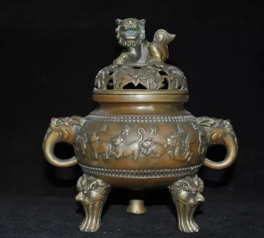 

6.8" China Ancient dynasty bronze Zodiac signs beast statue Incense burner Cense