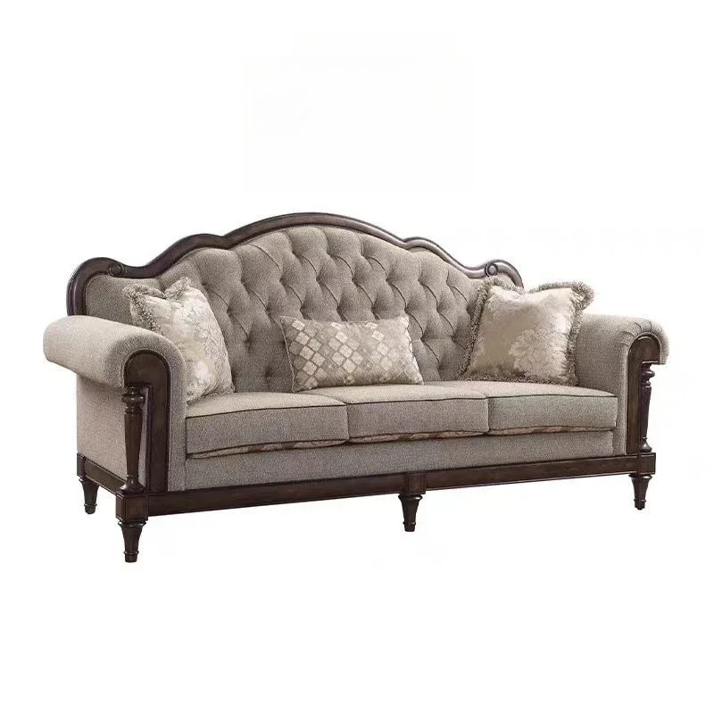 

Rural solid wood fabric sofa single and double three-person small apartment retro luxury buckle new sofa furniture
