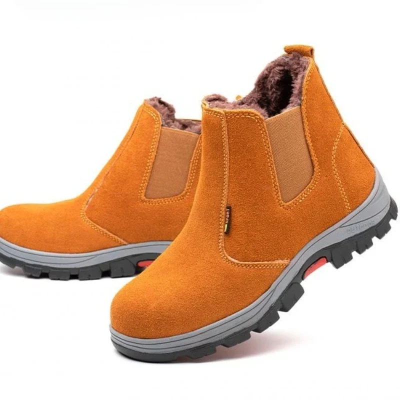 Men's Winter Warm Thickened Fleece Lined Cowhide High Top Anti Smash Anti Puncture Welding Safety Shoes​