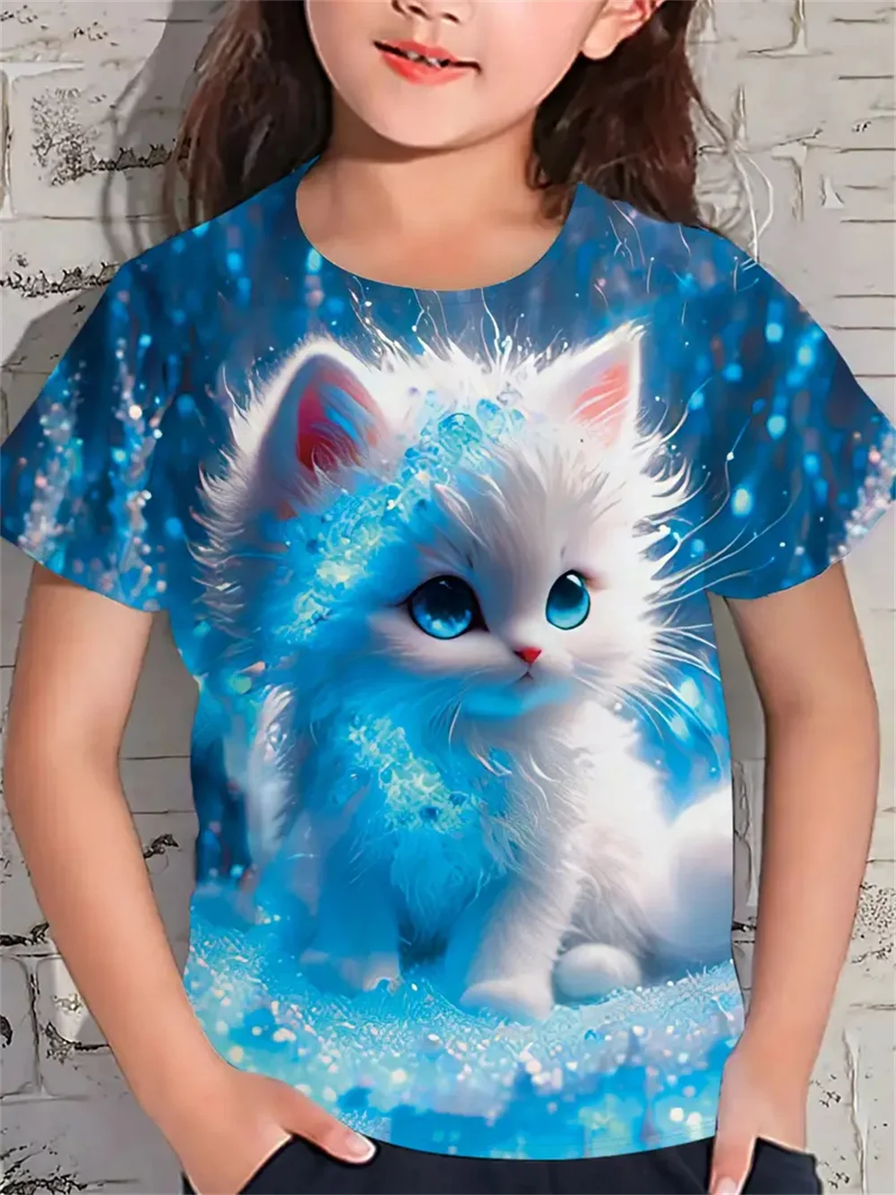 Kaos musim panas anak perempuan lucu, atasan lengan pendek kartun hewan kucing 3d motif 2025 baju anak perempuan Fashion kasual