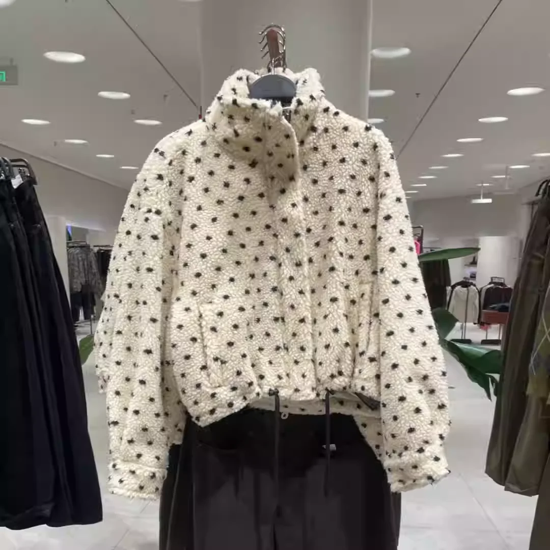 

Winter New Polka Dot Pattern Drawstring Waist Stand Collar Fleece Lined Cotton Jacket Women's Short Outerwear Coat