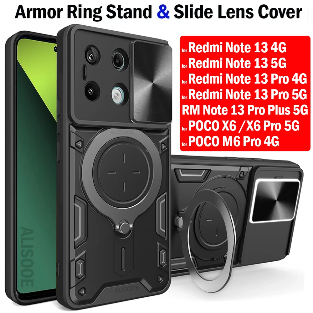 Armor Capa for Redmi Note 13 Pro POCO X6 M6 Pro 4G Case Slide Camera Ring Stand Cover for Redmi Note 13 Pro Plus 5G Case