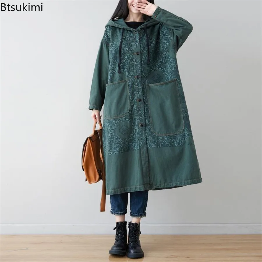 

2025 Autumn New Women's Korean Fashion Trench Coats Loose Casual Vintage Print Hooded Cardigan Jacket Ladies Harajuku Streetwear