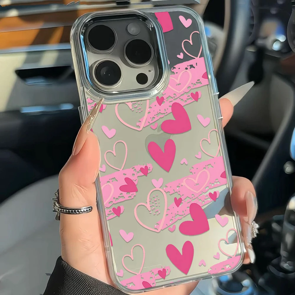 Transparent Phone Case For Samsung Galaxy S24 S25 Plus S23 S26 Ultra A57 A17 A26 A56 A55 A36 A06 A07 Korean Pink Heart TPU Cover