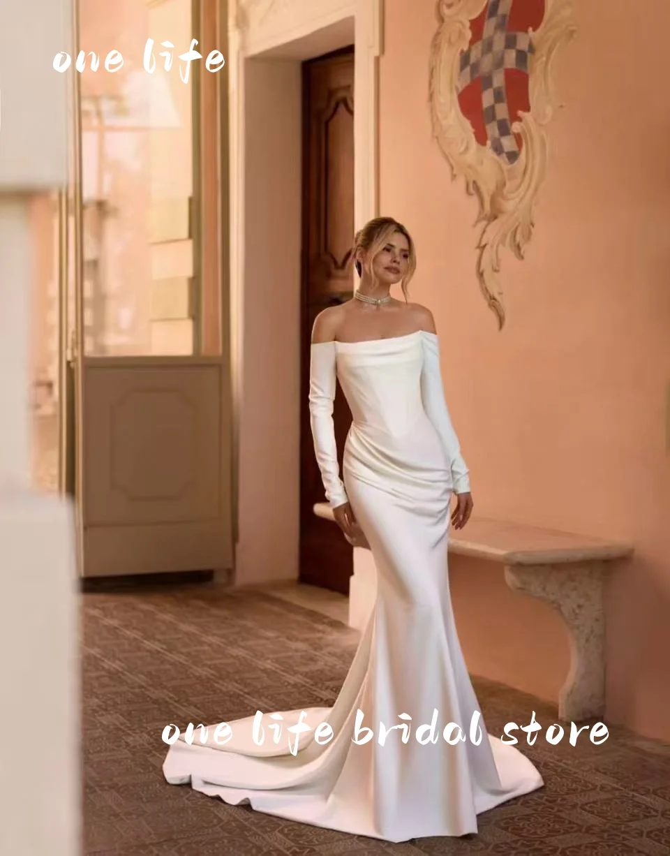 Vintage uma linha mulher vestido de casamento fora do ombro mangas compridas vestidos de noiva rendas pérolas trem varredura vestido personalizado de não