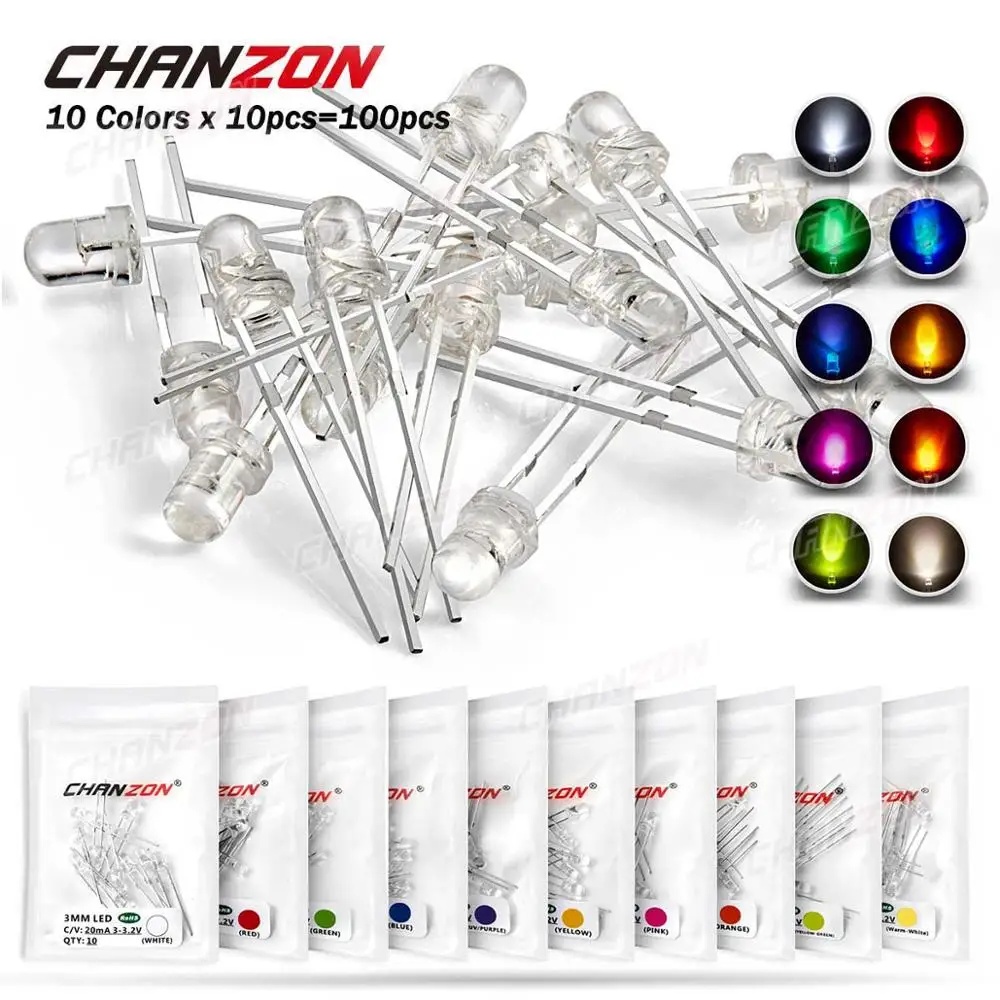100 Stück 3 mm LED-Dioden, ultrahell, warmweiß, rot, grün, blau, UV-Lila, gelb, orange, rosa, 2 V, 3 V, mehrfarbiges Emitting-Sortiment