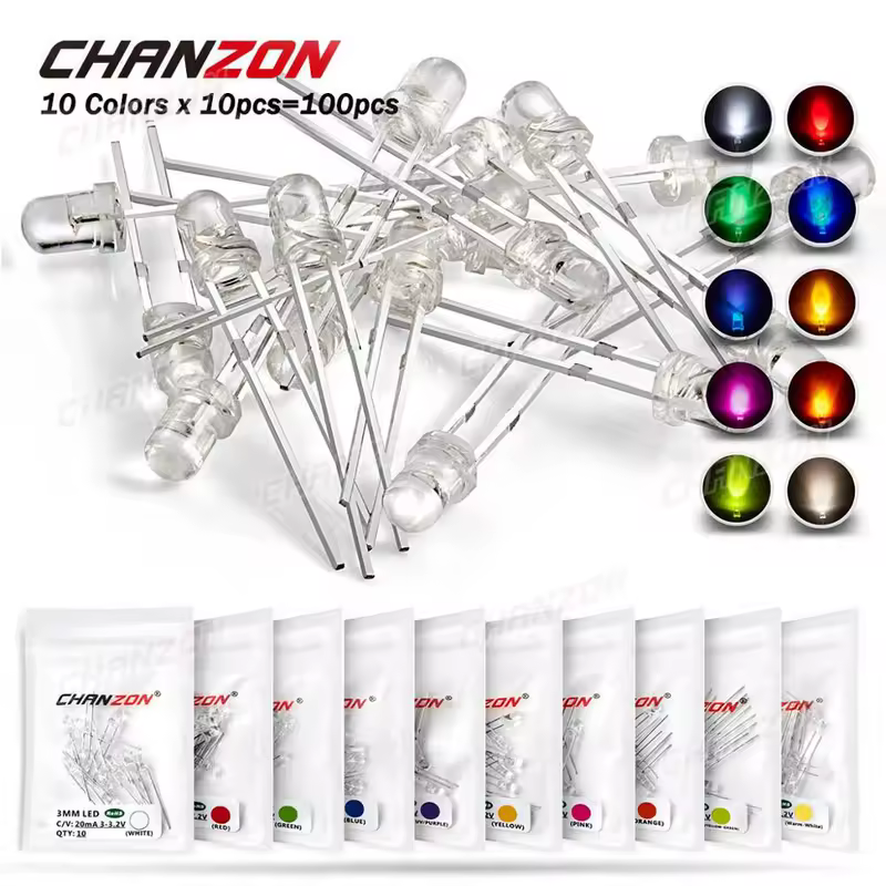 100pcs 3mm LED Diode Ultra Bright Warm White Red Green Blue UV Purple Yellow Orange Pink 2V 3V Multicolor Emitting Assortment - Image 7