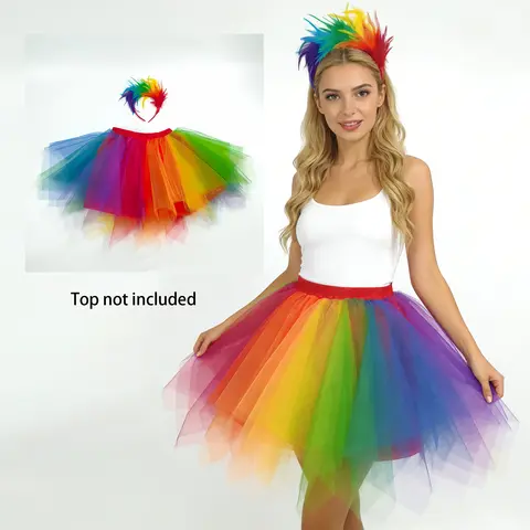 Rainbow Tutu Skirt Feather Headband Set Soft Tulle Elastic Waist Perfect for LGBTQ Pride Parades Halloween Stage Performances