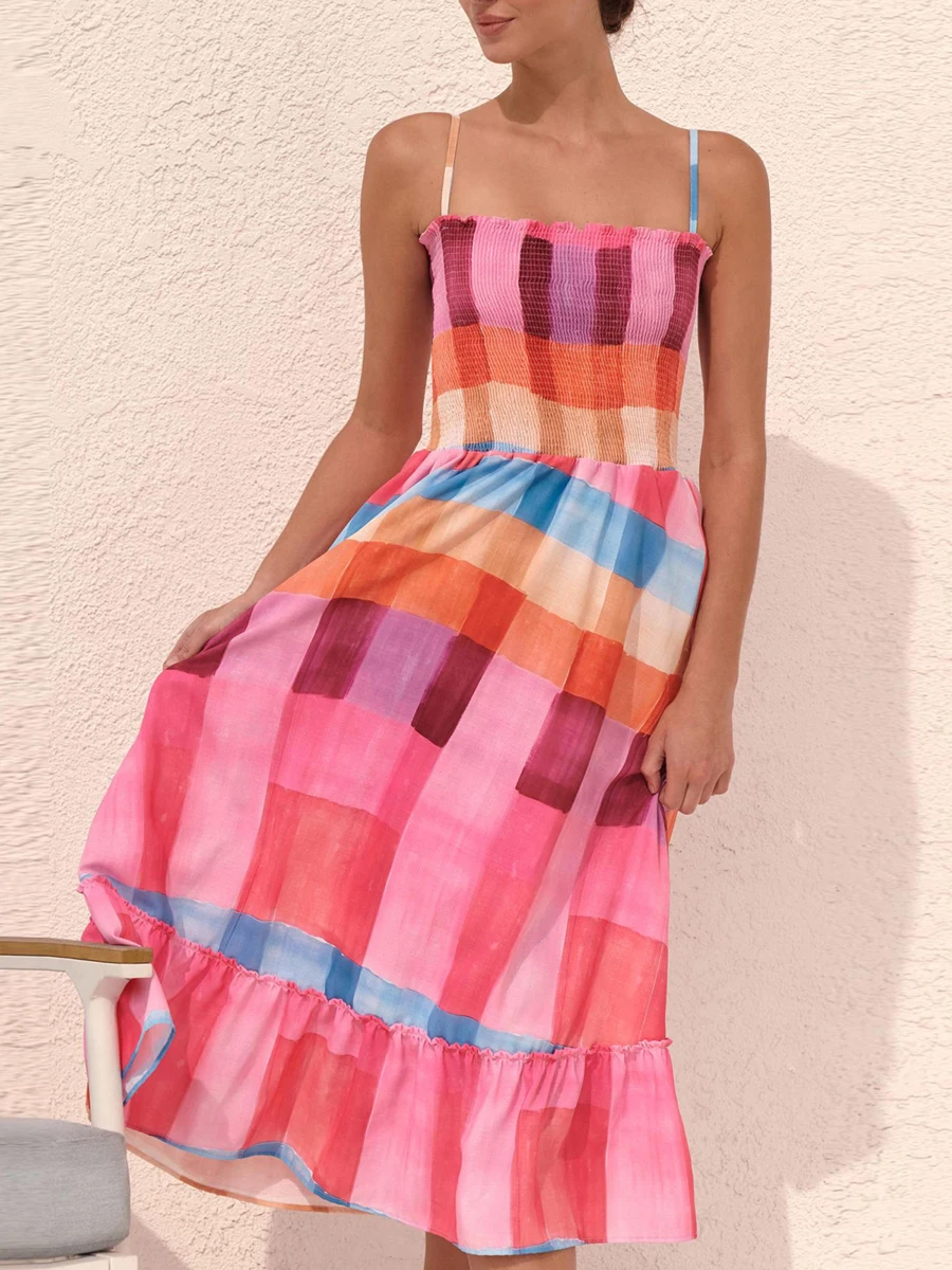 Women Casual Slip Dress Summer Sleeveless Tie-up Plaid Smocked Midi Dresses Female Elegant Evening Party Sundress for Cocktail