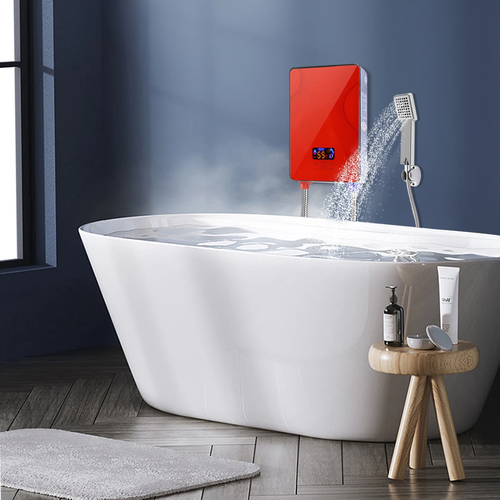 6500W Electric Water Heater Red DSK-65 Instant Hot Water Heater with LEDDisplay Screen IPX4 Adjustable Temperature 0.2-0.6MPa