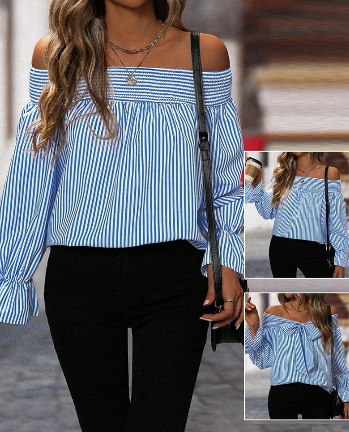 

Women's fashionable and elegant shirt 2024 summer new striped off shoulder lace up detail top long sleeved pleated shirt