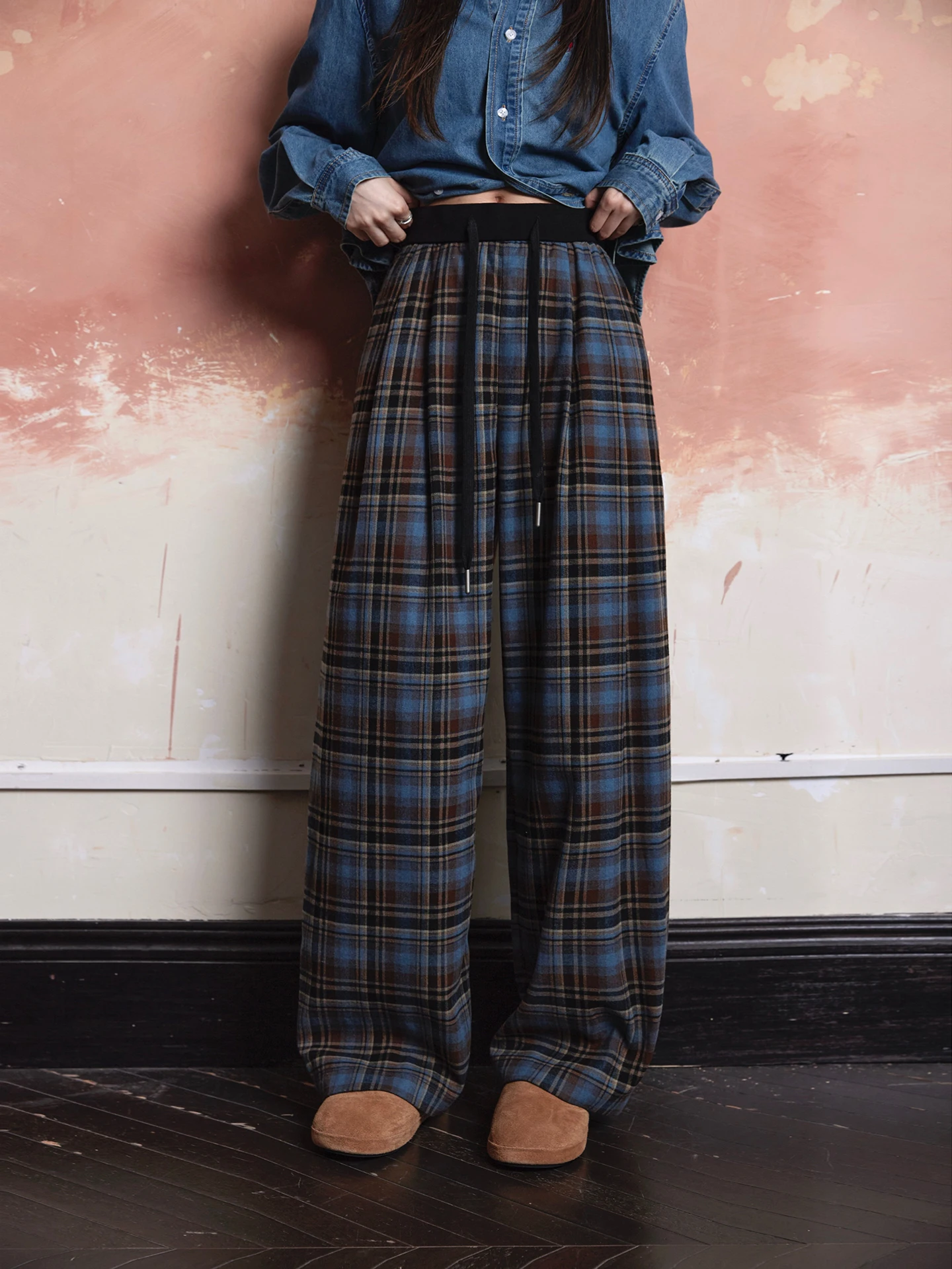

American Sle Plaid Pants Elastic Waist Belted Wide Leg Casual Hidden Meat Patterned Crted Print Skin-friendly Breathable