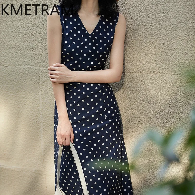 

KMETRAM Real Silk Cotton Tank Dress Woman polk Dot Elegant Dresses for Woman Clothes Sleeveless Summer New in Dresses Robe Femme