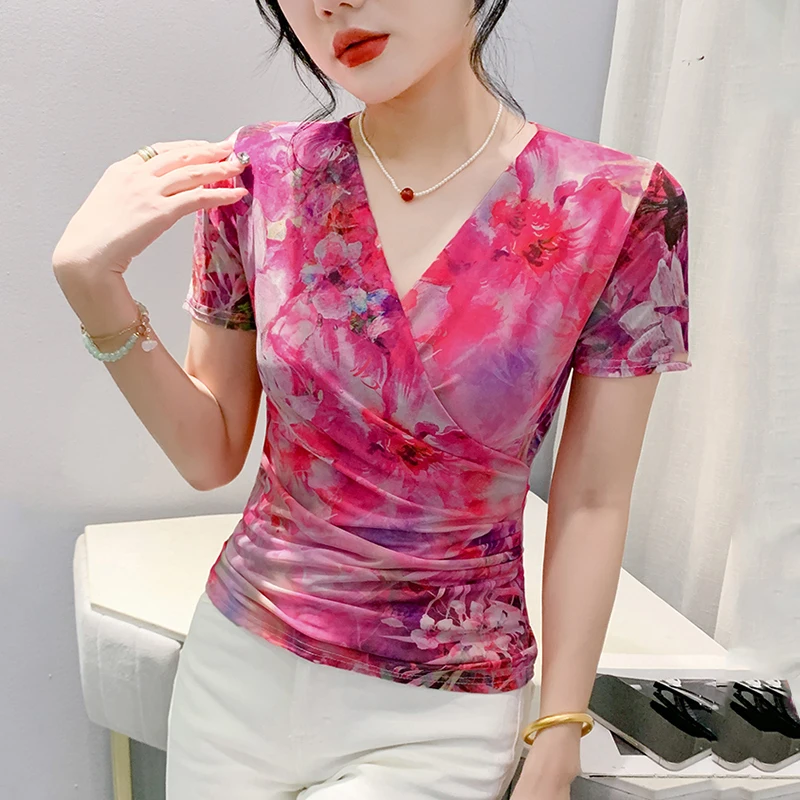 # 7287 Tie Dye Floral Printed Mesh Short Tshirt Women V-neck Sexy Thin Wrap T-shirt Damski Krótki Rękaw Fałdy Vintage Streetwear