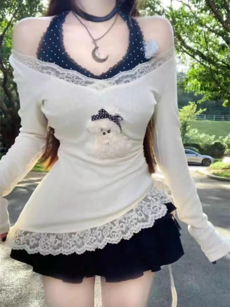 

Sexy Style Sweet V-Neck Fake Two Piece Tops Women Long Sleeve Kawaii Sweet Sling T-Shirt Autumn Lace Design Slim Clothing 2025