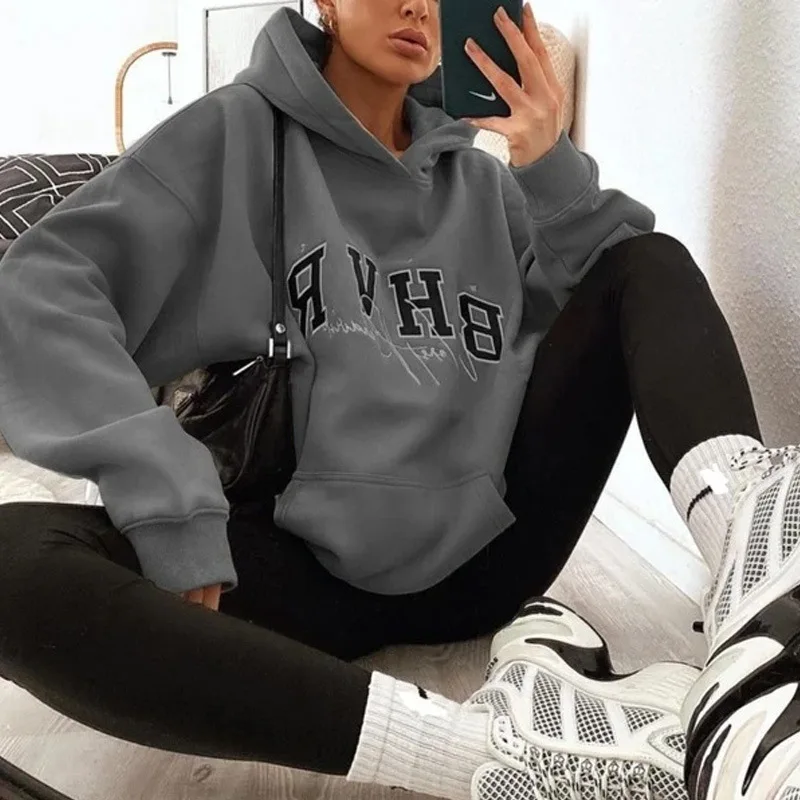 

Gray Letters Print Vintage Thick Warm Winter Hoodies Women Sweatshirt Winter Pullovers New Brand Fashion Tops Teens Clothes 2022