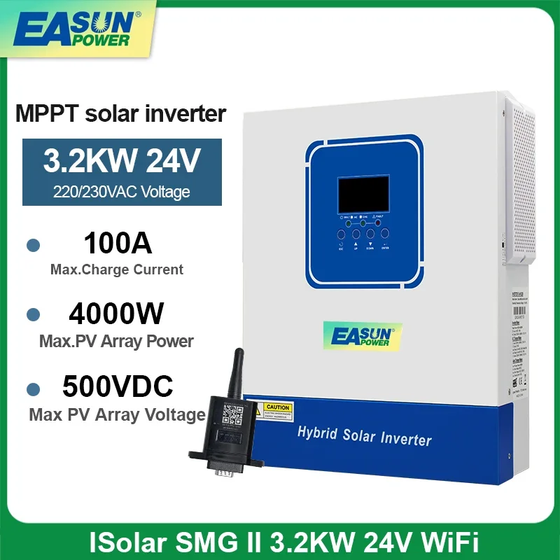 Easun 3200VA 3200W Hybrid Solar Inverter 24V Built MPPT 100A Solar Controller 230VAC Out-put Voltage Max PV 4000VDC Support WIFI