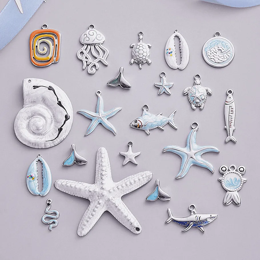 2pcs Silver Color Marine Life Pendant White/Blue Enamel Charm Turtle Starfish Fish DIY Stainless Steel Charms For Jewelry Making