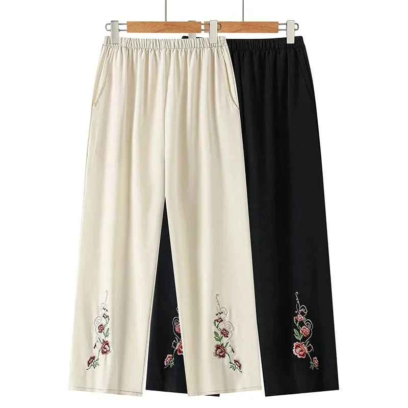 

Summer Middle-aged And Elderly Women's long Pants Fashionable Flower Embroidery Straight leg Pants Women Casual loose Thin Pants