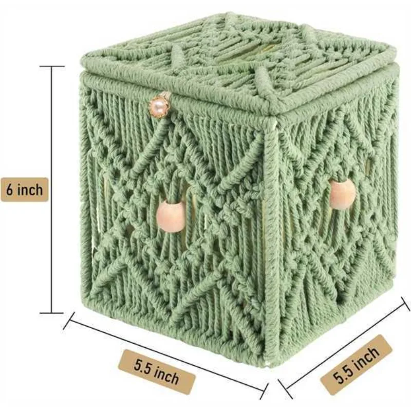 Cotton Rope Macrame Tissue Box Cover Hand Woven Bead Tassel Napkin Holder Decorative Storage Box for Table Home Bedroom Decor