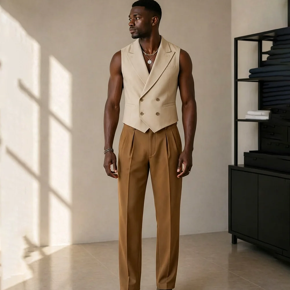 

Summer Men Khaki Double Breasted Sleeveless Suit Peaked Lapel Waistcoat Pleated Pants 2 Piece Set Formal Daily Male Power Outfit