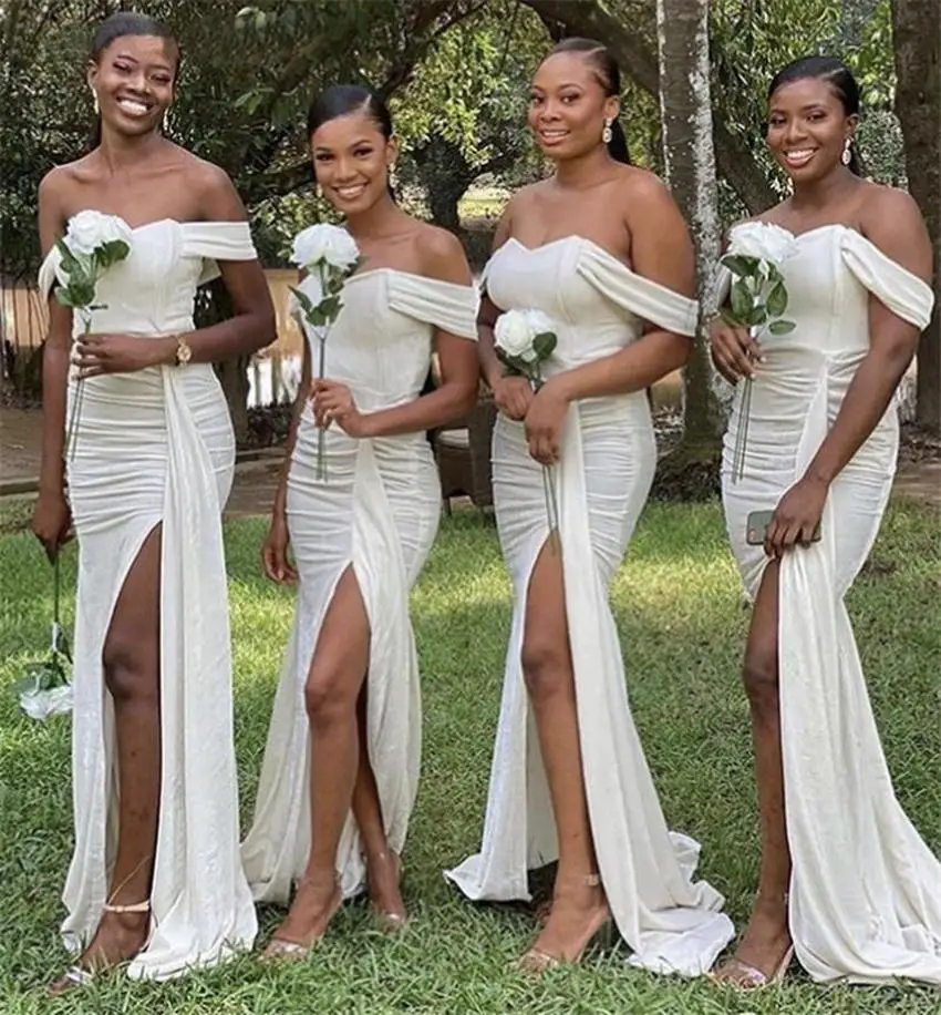 

Sexy Custom Off-Shoulder Mermaid Bridesmaid Dresses Floor-Length Sweep Train Satin long Thigh-High Slits